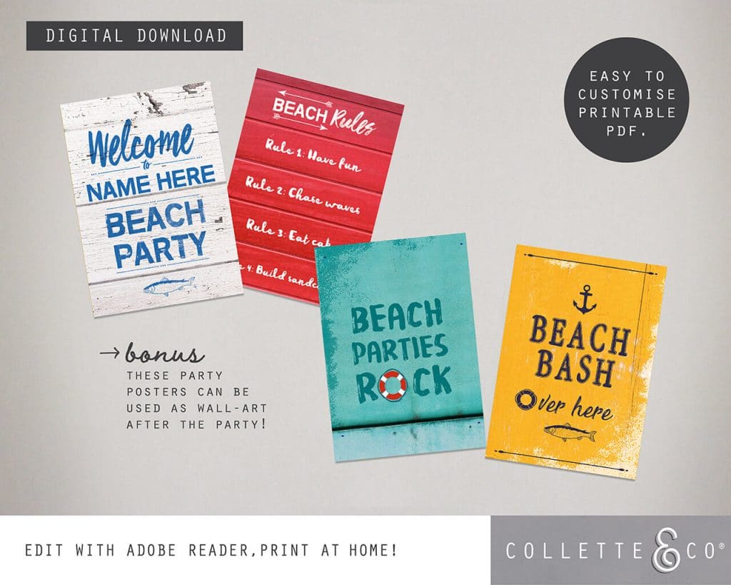 Beach Party Printables FULL Pack Editable | Collette &amp; Co®